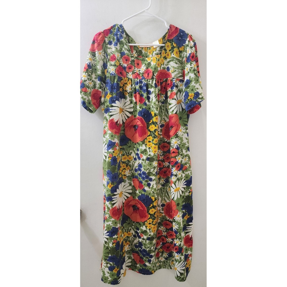 La Cera Women Floral Cotton Empire Waist Midi Dress Pockets Medium Multi-Color